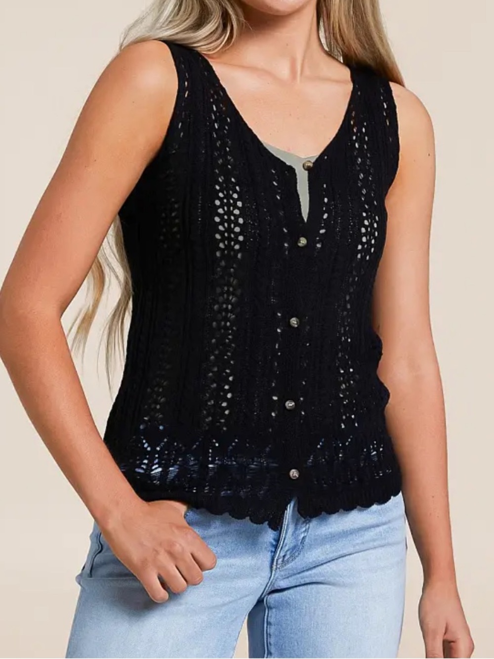Pointelle Sweater Tank Top Black Crochet Button-Front